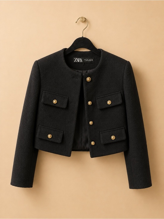 Zara Jackets & Blazers - Zara Black Bouclé Cropped Blazer with Gold Buttons